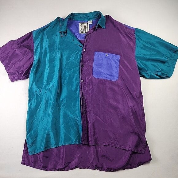 VTG 90's Opus 100% Silk Colorblock Button Down Shirt Large Retro Y2K Club - Picture 1 of 9